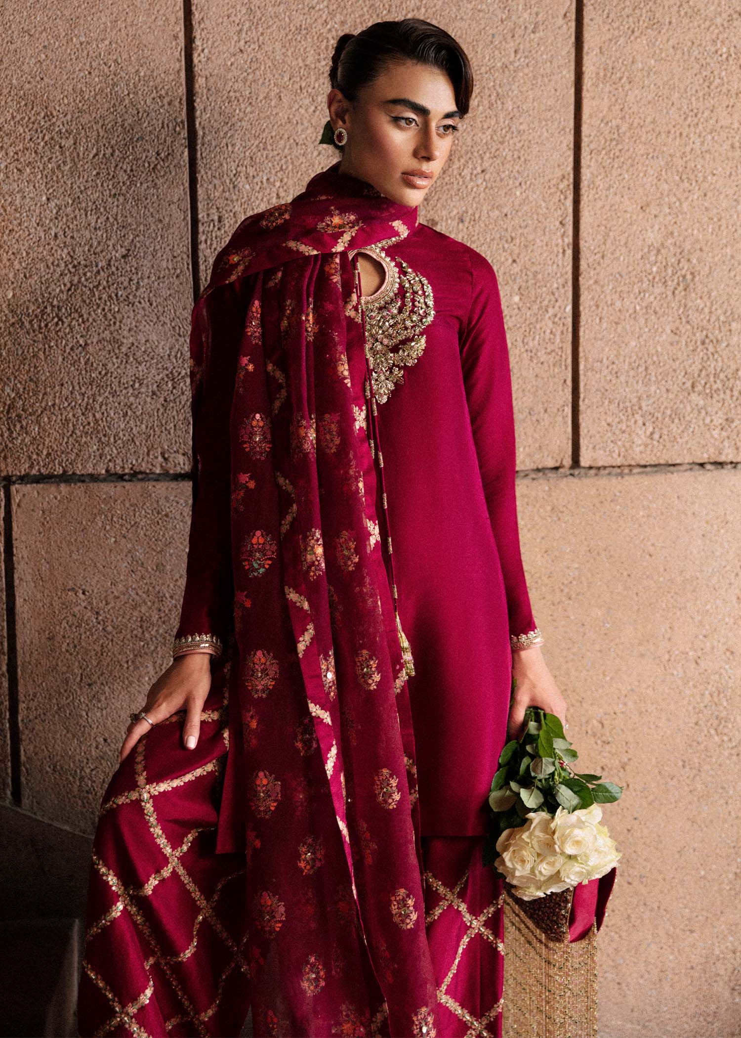 Hussain Rehar Wedding Festive Organza HAnd Emblishment Collection Merlot
