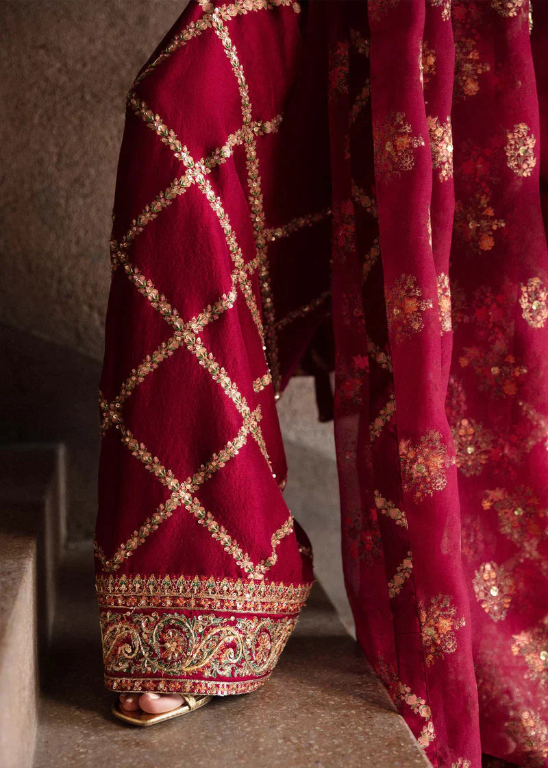 Hussain Rehar Wedding Festive Organza HAnd Emblishment Collection Merlot