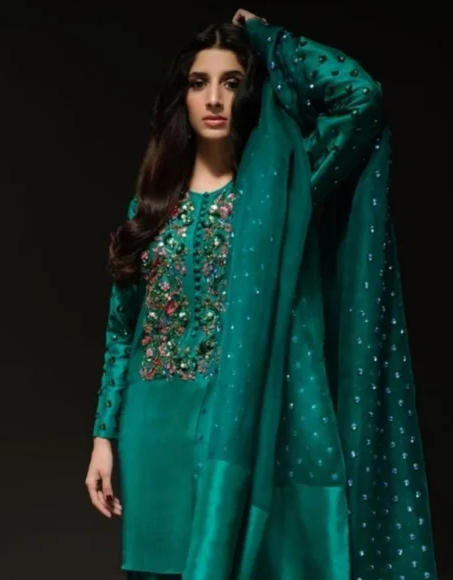 Muse Luxury Raw Silk Handmade Emerald Green Unstitched 3 Pieces With Potli