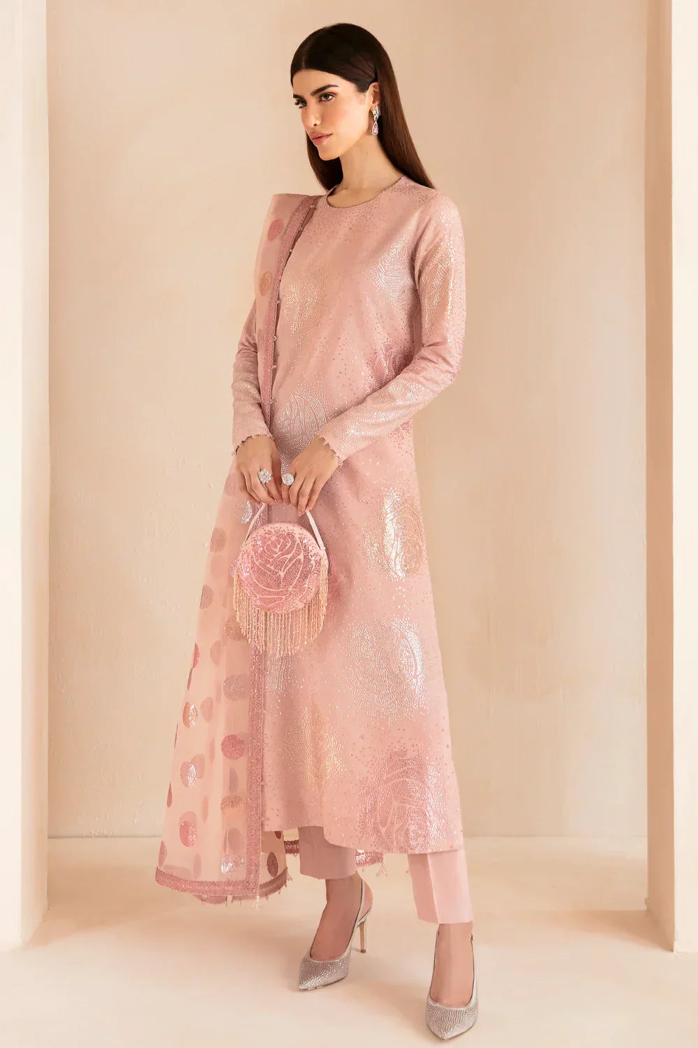 Jazmin Premium Embroidered Raw Silk Unstitched UR-7032 Cavern Pink With Culutch