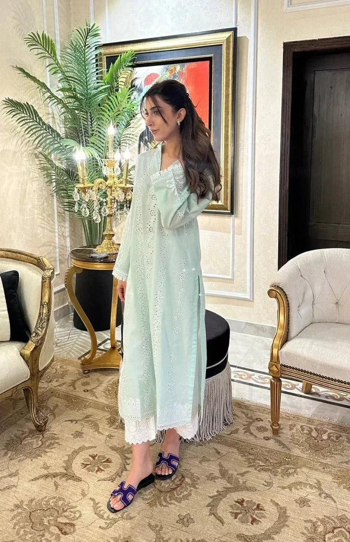 Naarj Elegant Lawn Embroidered Unstitched 3 Piece White Lily - Sage Green Schiffli Kurta - 3 Pieces Lawn - Zainabjees
