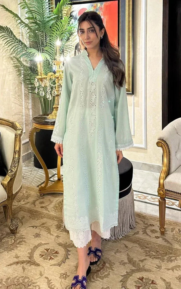 Naarj Elegant Lawn Embroidered Unstitched 3 Piece White Lily - Sage Green Schiffli Kurta - 3 Pieces Lawn - Zainabjees