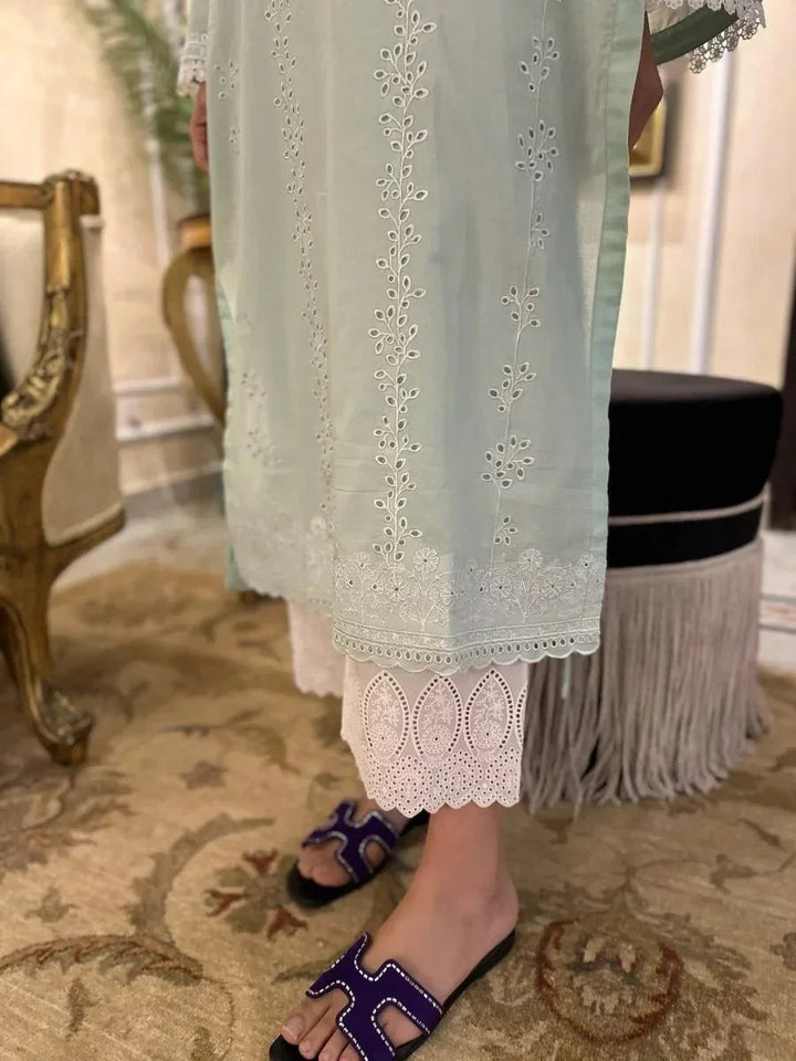 Naarj Elegant Lawn Embroidered Unstitched 3 Piece White Lily - Sage Green Schiffli Kurta - 3 Pieces Lawn - Zainabjees