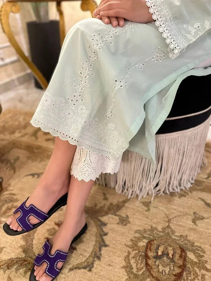 Naarj Elegant Lawn Embroidered Unstitched 3 Piece White Lily - Sage Green Schiffli Kurta - 3 Pieces Lawn - Zainabjees