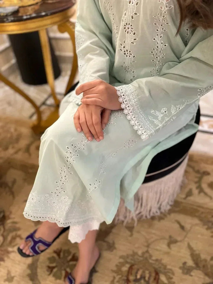 Naarj Elegant Lawn Embroidered Unstitched 3 Piece White Lily - Sage Green Schiffli Kurta - 3 Pieces Lawn - Zainabjees